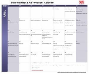 April Printable Daily Holidays Calendar 2021 - S&S Blog