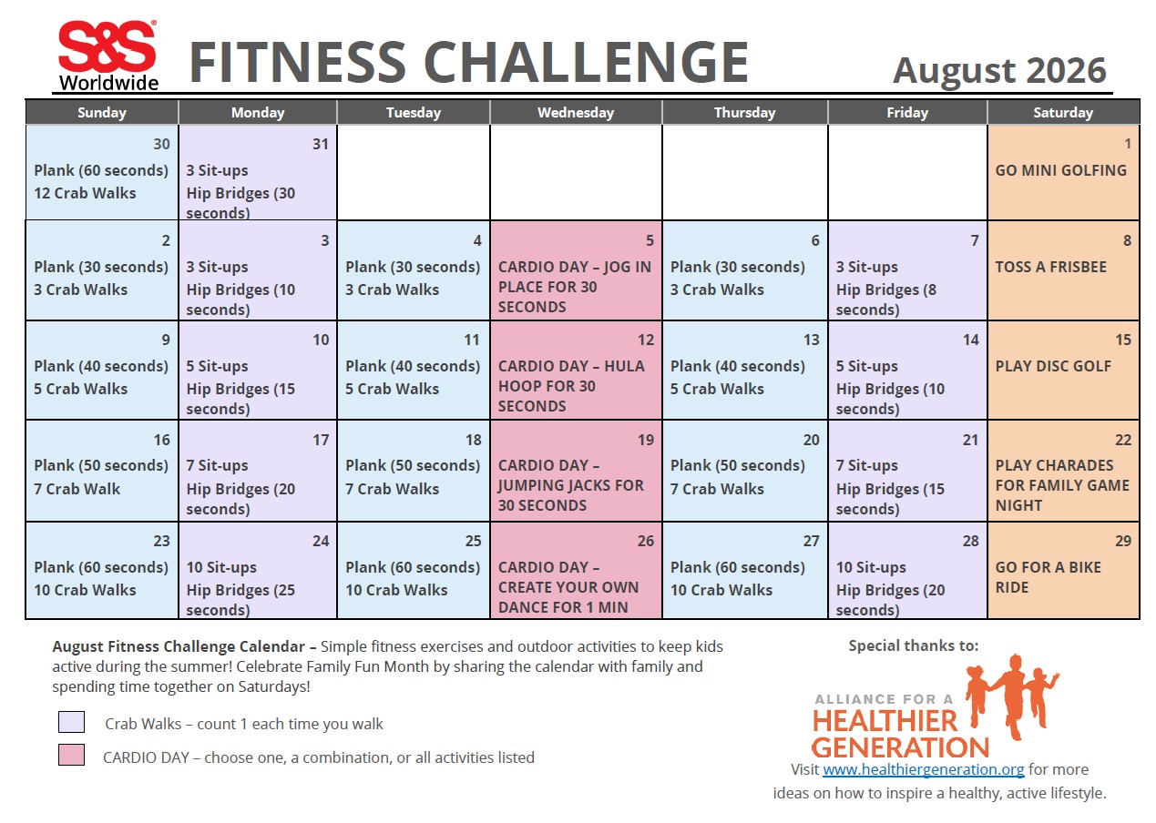 Augut 2026 Fitness Challenge Calendar