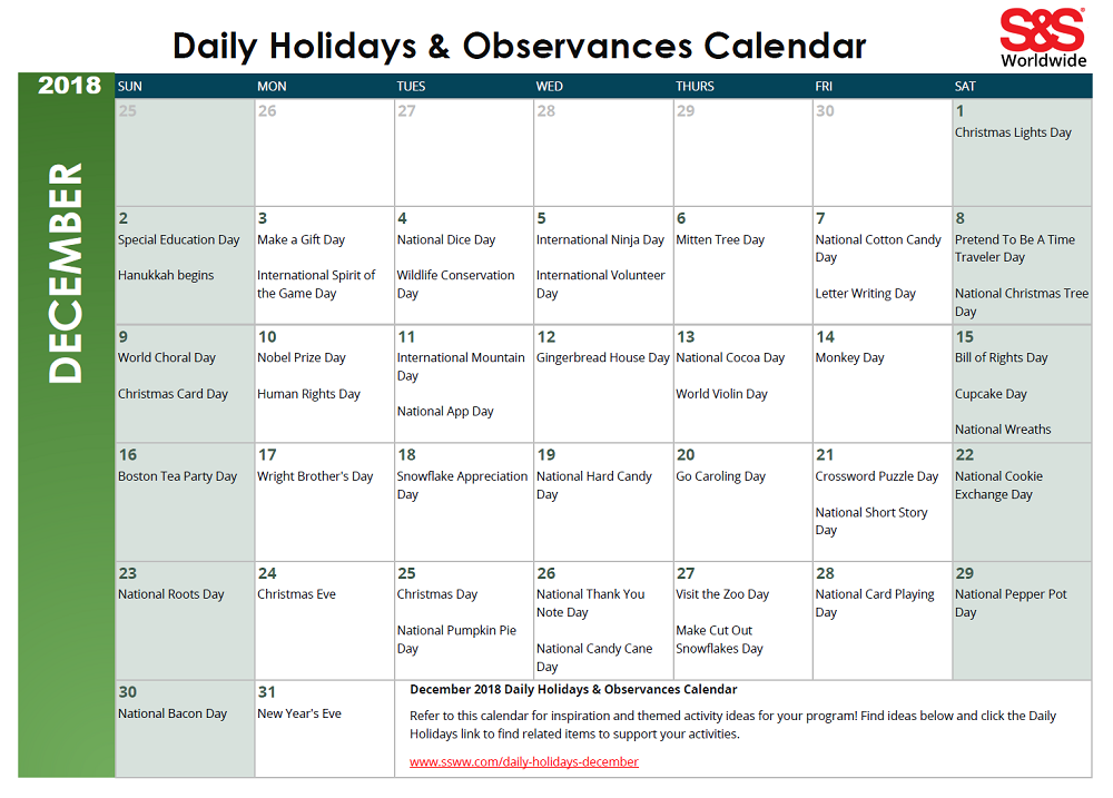 December 2018 Printable Daily Holidays Calendar - S&S Blog
