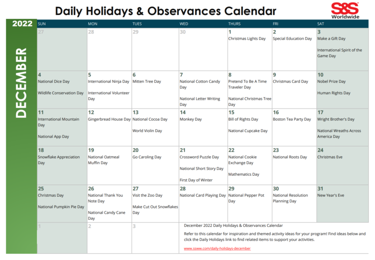 December 2022 Printable Daily Holiday Calendar - S&S Blog