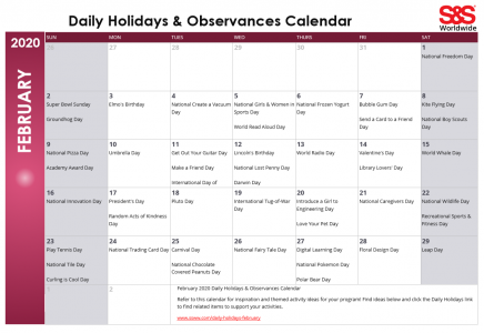February 2020 Printable Daily Holidays Calendar - S&S Blog
