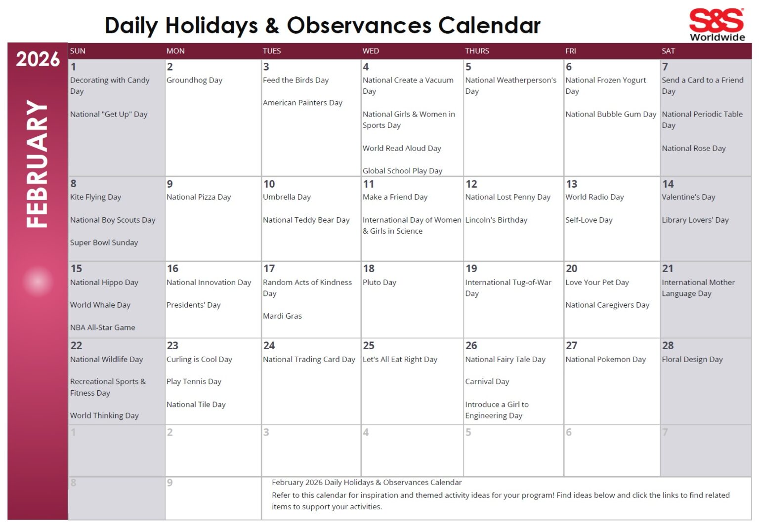 August Daily Holidays & Observances Printable Calendar - S&S Blog