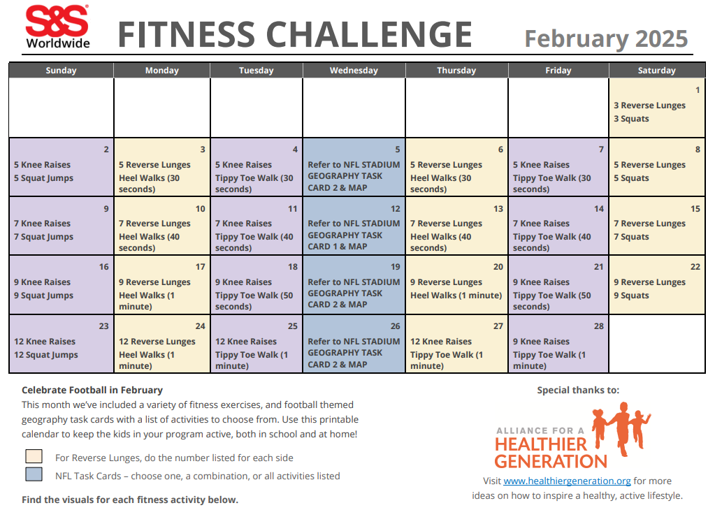 February Printable Fitness Challenge Calendar S&S Blog