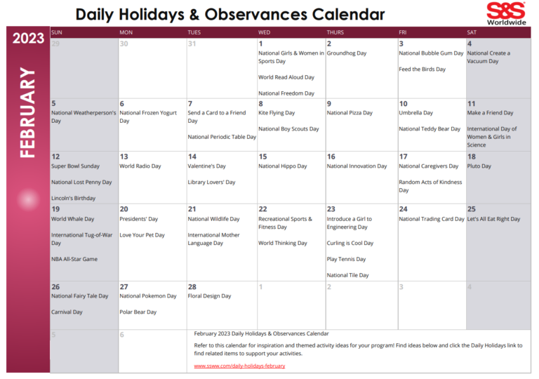February Printable Daily Holidays Calendar 2023 - S&S Blog