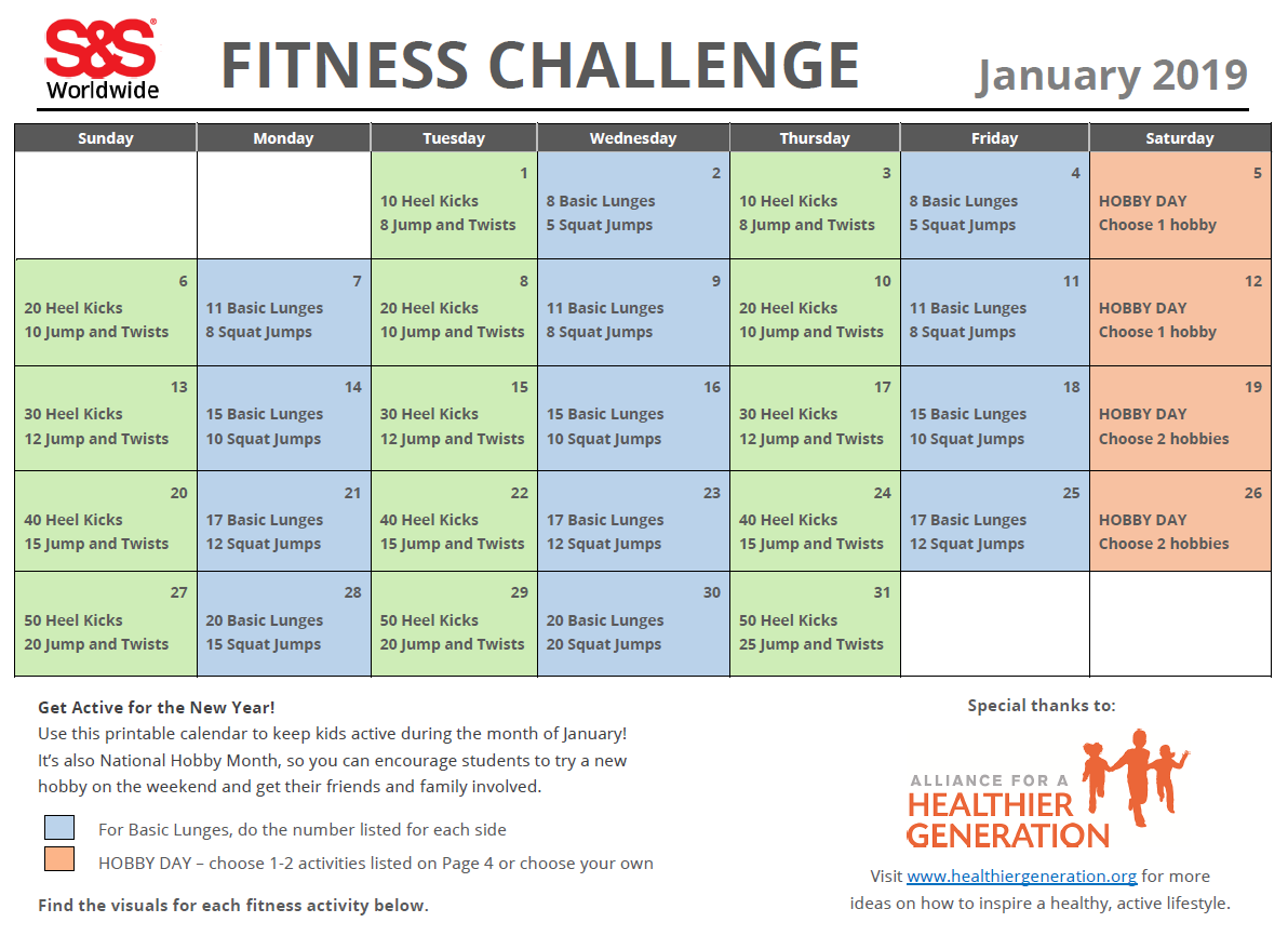 January Printable Exercise Issue Calendar - SS Blog site image relating to Printable Workout Schedule identify January Printable Health and fitness Trouble Calendar - SS Web site