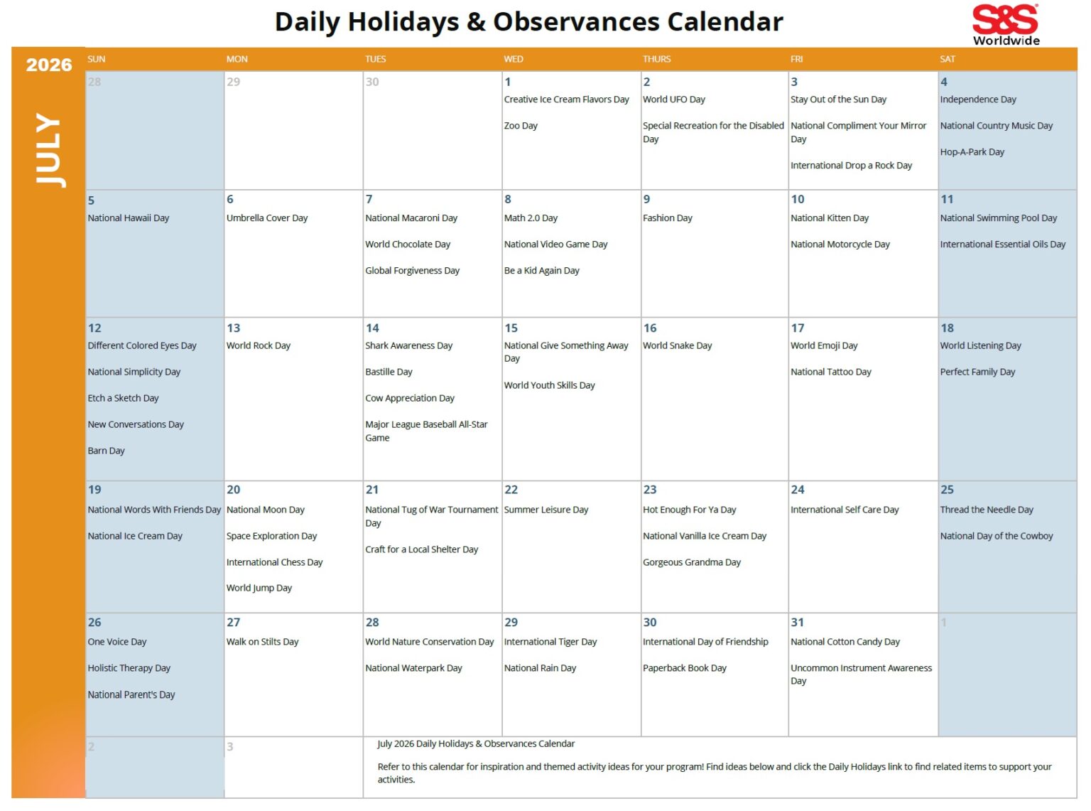 June Daily Holidays & Observances Printable Calendar - S&S Blog