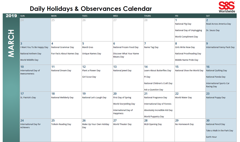 March 2019 Printable Daily Holidays Calendar - S&S Blog