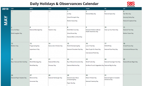 May 2019 Printable Daily Holidays Calendar 2 - S&amp;S Blog