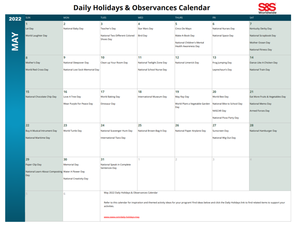 Daily Holidays & Observances Printable Calendar Archives - S&S Blog