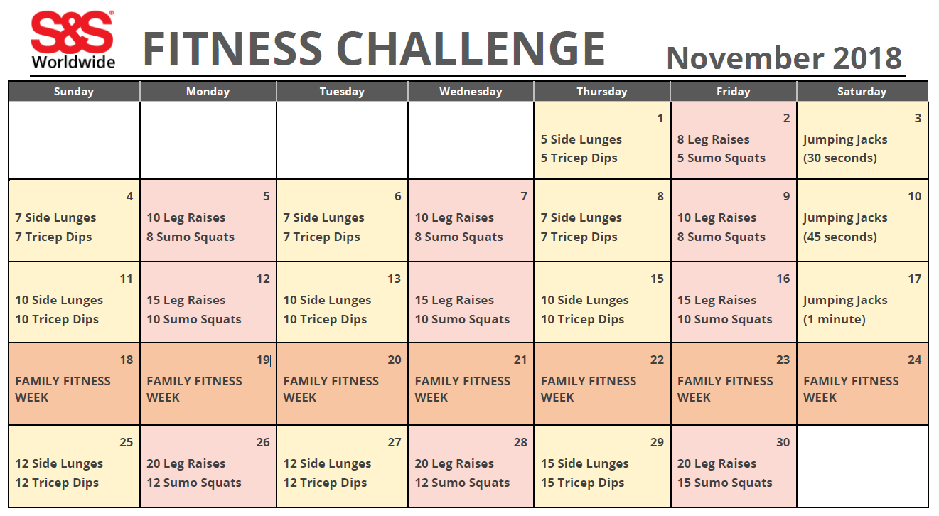 November 2018 Fitness Challenge Calendar S&amp;S Blog