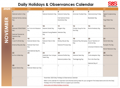 November 2020 Printable Daily Holidays Calendar - S&S Blog