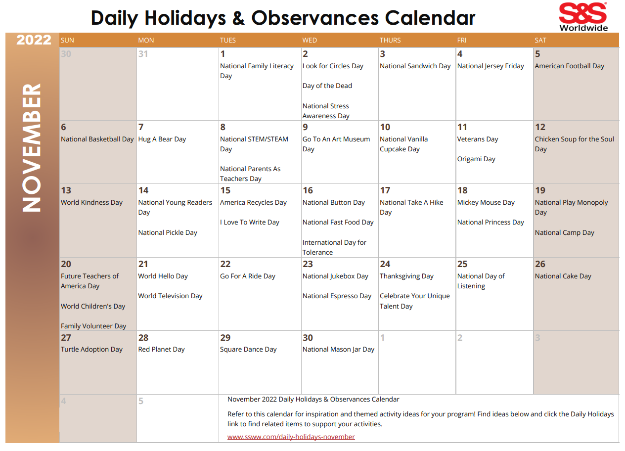 November Daily Holidays Observances Printable Calendar S S Blog