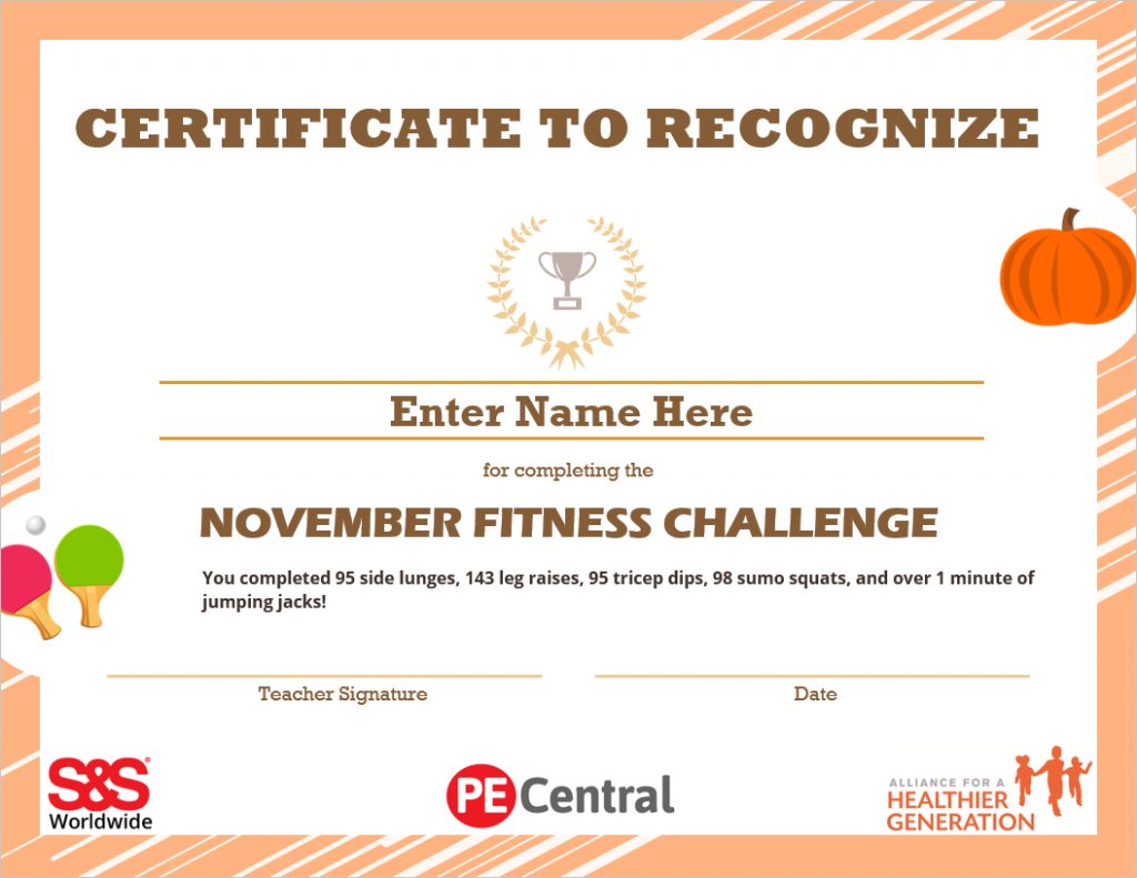 November Fitness Challenge Calendar Award