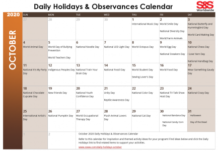 October 2020 Printable Daily Holidays Calendar - S&S Blog