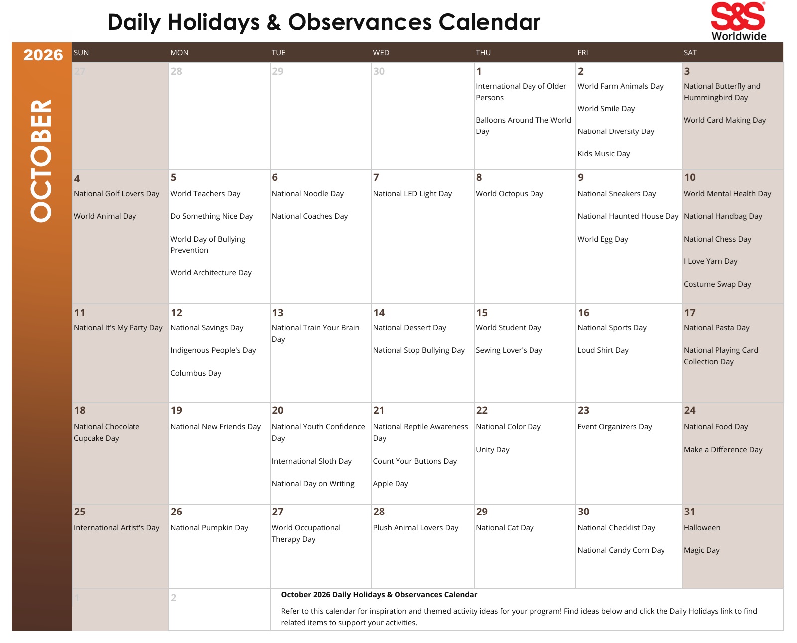 October 2026 Daily Holidays Calendar