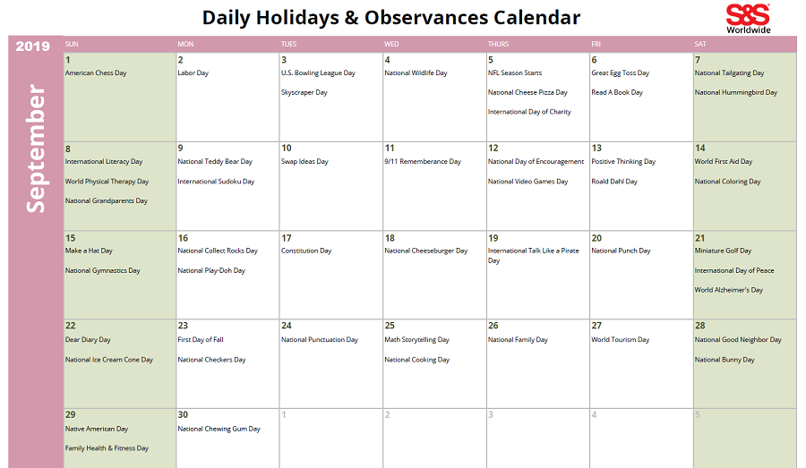September Daily Holidays Observances Printable Calendar S S Blog September Daily Holidays Observances Printable Calendar S S Blog