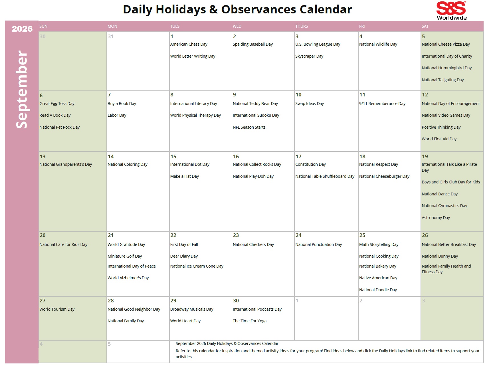 September 2026 Daily Holidays and Observances Printable Calendar