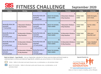 September Fitness Challenge Calendar 2020 - S&S Blog